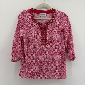 C.D. Petites Women PS Blouse Pink White Medallion Sequin‎ Studded Split Neck Top